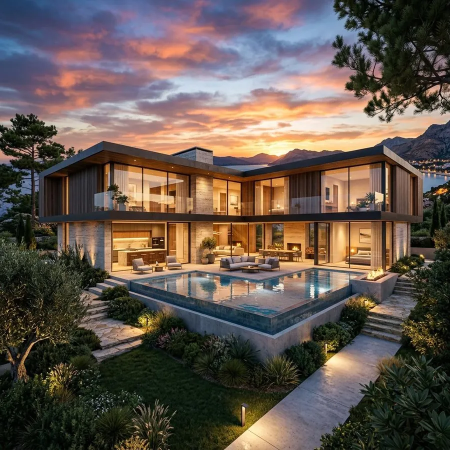Contemporary villa at sunset